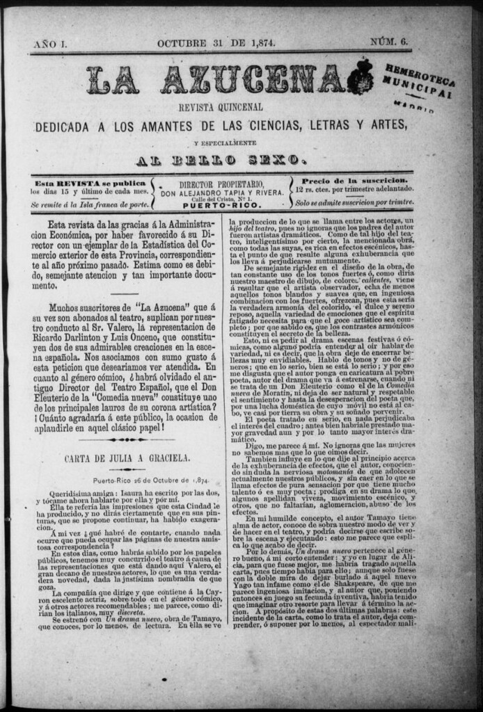 Miniatura de La Azucena: revista quincenal dedicada a los amantes de las ciencias, letras y artes, y especialmente al bello sexo de 31 de octubre de 1874, nº 6