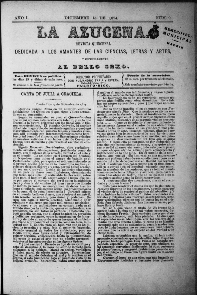 Miniatura de La Azucena: revista quincenal dedicada a los amantes de las ciencias, letras y artes, y especialmente al bello sexo de 15 de diciembre de 1874, nº 9