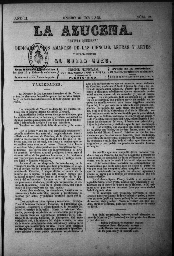 Miniatura de La Azucena: revista quincenal dedicada a los amantes de las ciencias, letras y artes, y especialmente al bello sexo de 31 de enero de 1875, nº 12