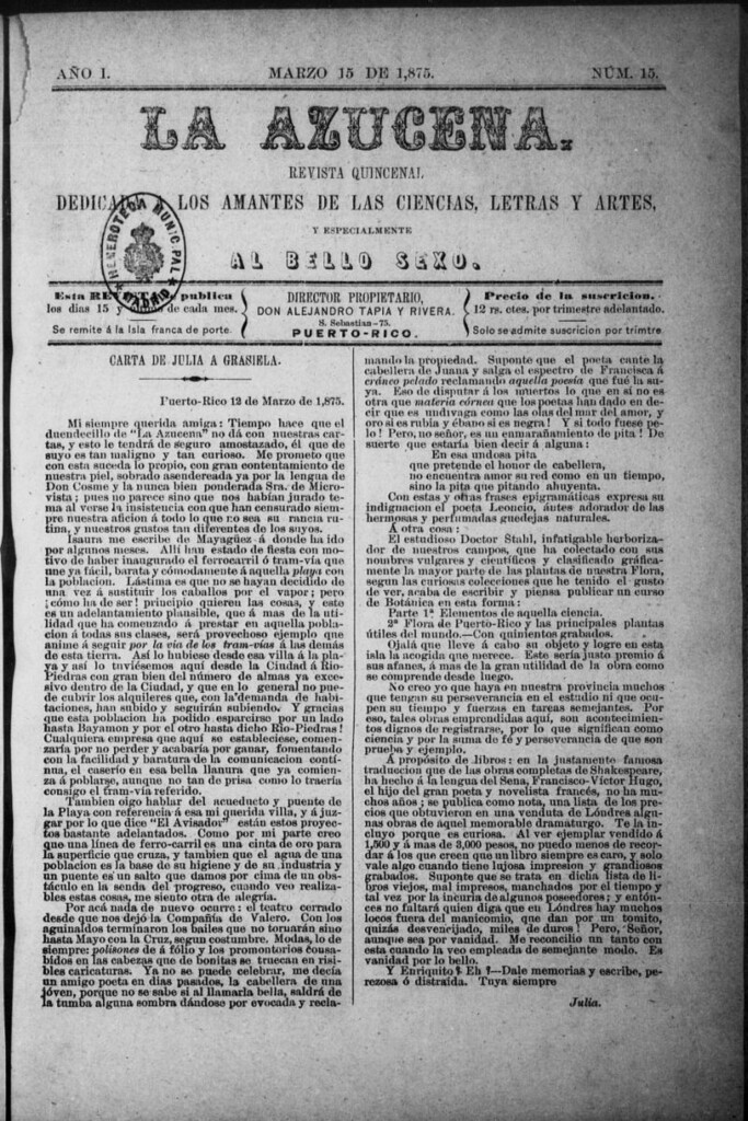 Miniatura de La Azucena: revista quincenal dedicada a los amantes de las ciencias, letras y artes, y especialmente al bello sexo de 15 de marzo de 1875, nº 15