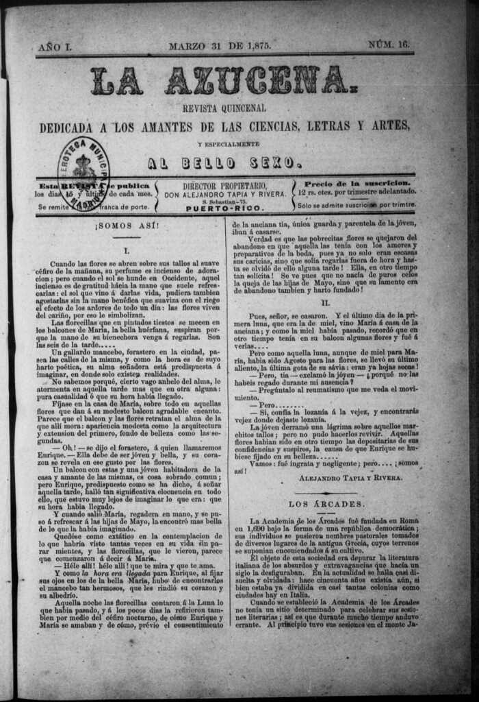 Miniatura de La Azucena: revista quincenal dedicada a los amantes de las ciencias, letras y artes, y especialmente al bello sexo de 31 de marzo de 1875, nº 16