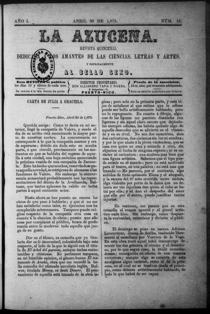 Miniatura de La Azucena: revista quincenal dedicada a los amantes de las ciencias, letras y artes, y especialmente al bello sexo de 30 de abril de 1875, nº 18
