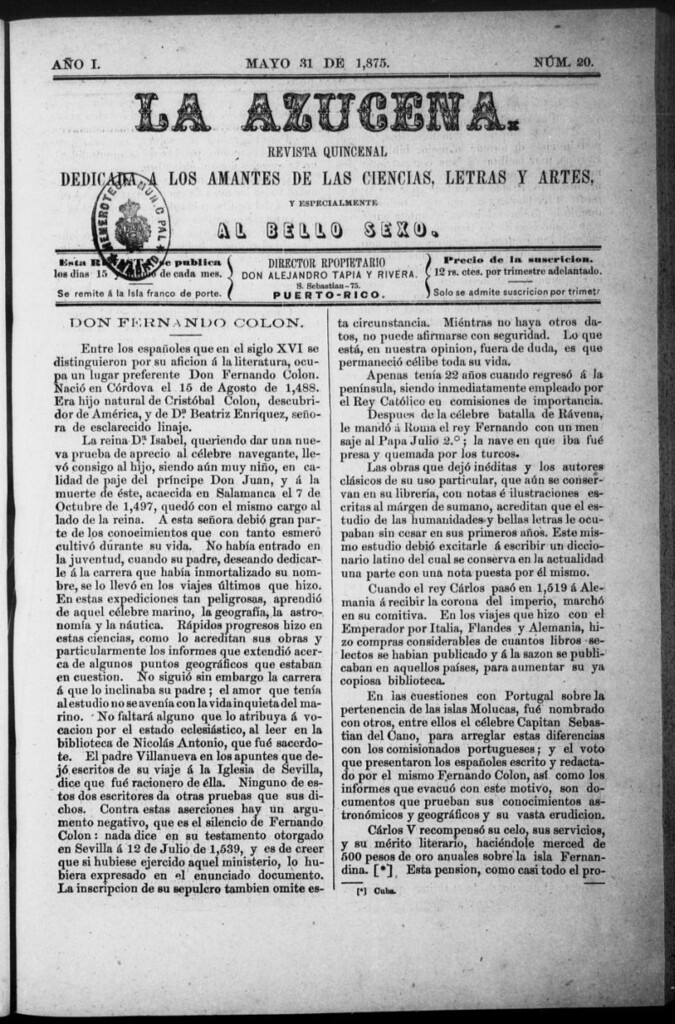 Miniatura de La Azucena: revista quincenal dedicada a los amantes de las ciencias, letras y artes, y especialmente al bello sexo de 31 de mayo de 1875, nº 20