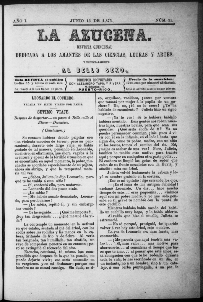 Miniatura de La Azucena: revista quincenal dedicada a los amantes de las ciencias, letras y artes, y especialmente al bello sexo de 15 de junio de 1875, nº 21