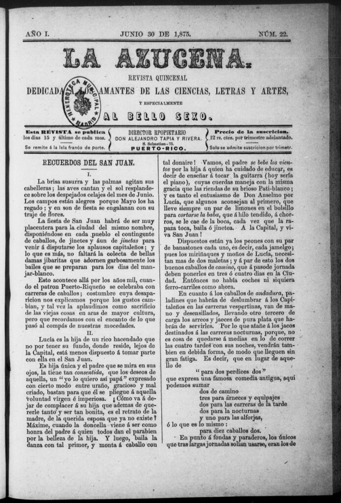 Miniatura de La Azucena: revista quincenal dedicada a los amantes de las ciencias, letras y artes, y especialmente al bello sexo de 30 de junio de 1875, nº 22