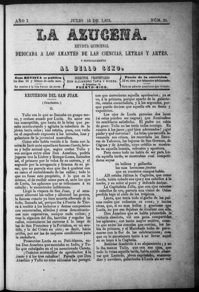 Miniatura de La Azucena: revista quincenal dedicada a los amantes de las ciencias, letras y artes, y especialmente al bello sexo de 15 de julio de 1875, nº 23