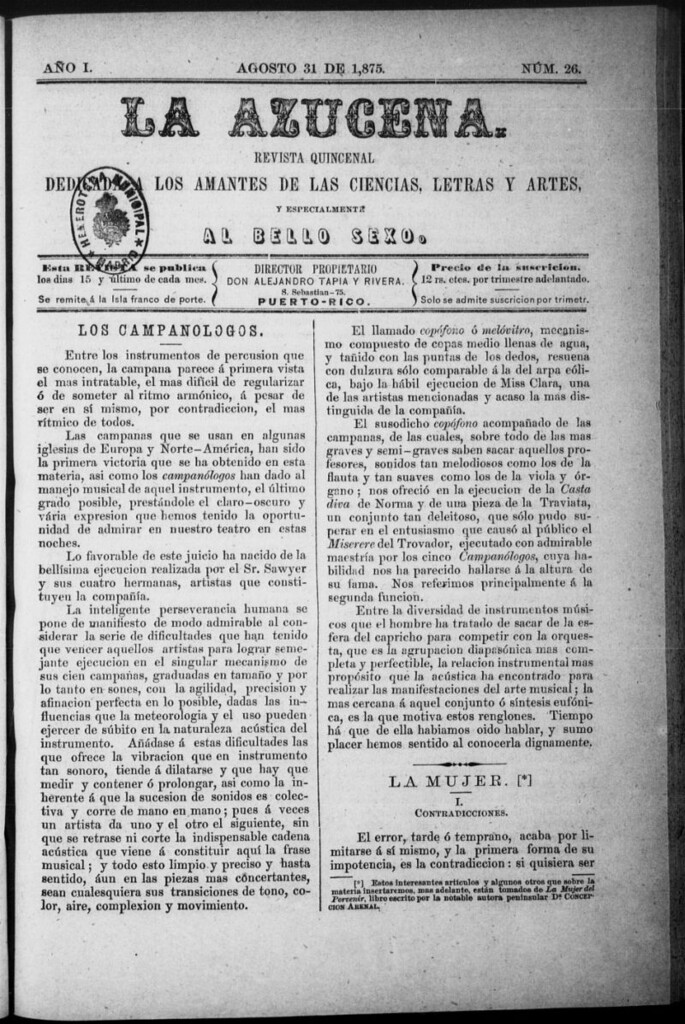 Miniatura de La Azucena: revista quincenal dedicada a los amantes de las ciencias, letras y artes, y especialmente al bello sexo de 31 de agosto de 1875, nº 26