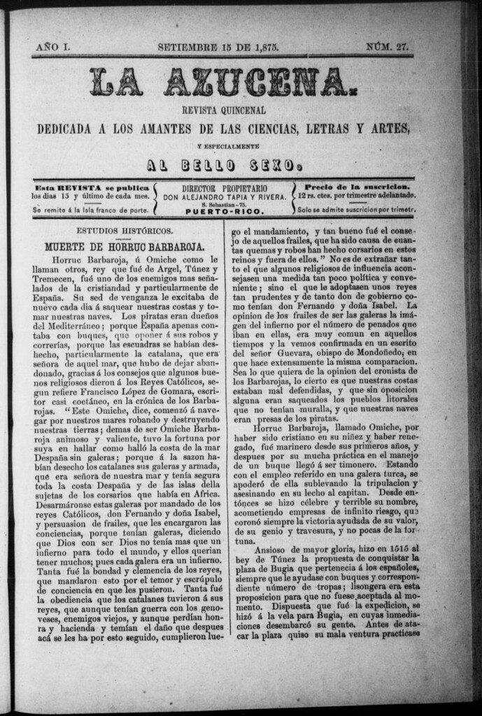 Miniatura de La Azucena: revista quincenal dedicada a los amantes de las ciencias, letras y artes, y especialmente al bello sexo de 15 de septiembre de 1875, nº 27