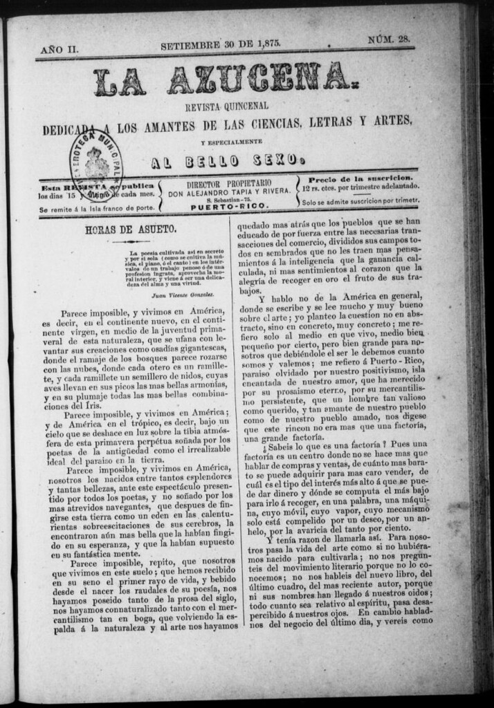 Miniatura de La Azucena: revista quincenal dedicada a los amantes de las ciencias, letras y artes, y especialmente al bello sexo de 30 de septiembre de 1875, nº 28