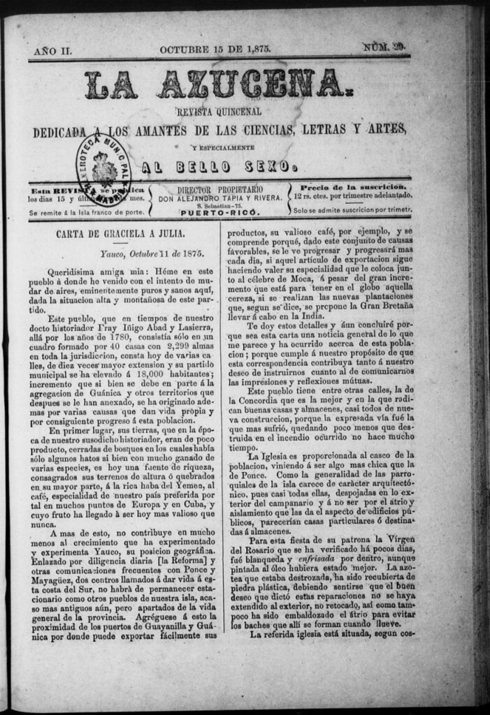 Miniatura de La Azucena: revista quincenal dedicada a los amantes de las ciencias, letras y artes, y especialmente al bello sexo de 15 de octubre de 1875, nº 29