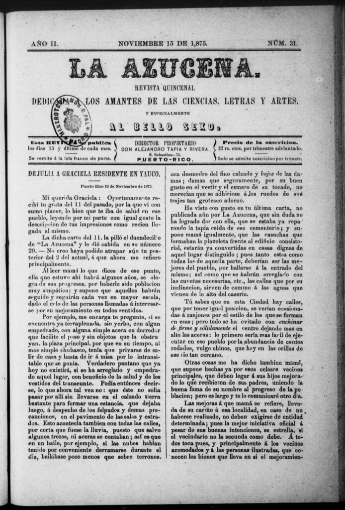 Miniatura de La Azucena: revista quincenal dedicada a los amantes de las ciencias, letras y artes, y especialmente al bello sexo de 15 de noviembre de 1875, nº 31