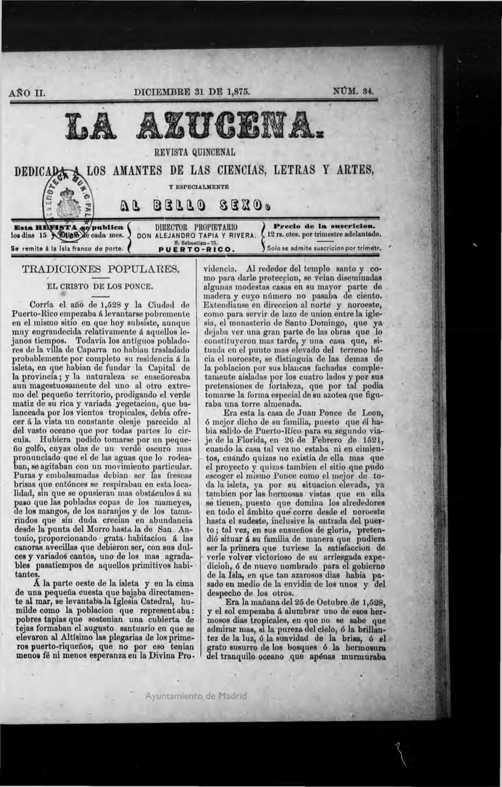 Miniatura de La Azucena: revista quincenal dedicada a los amantes de las ciencias, letras y artes, y especialmente al bello sexo de 31 de diciembre de 1875, nº 34