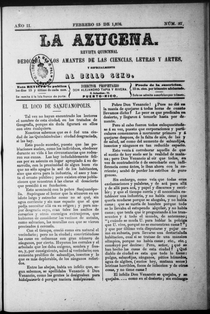 Miniatura de La Azucena: revista quincenal dedicada a los amantes de las ciencias, letras y artes, y especialmente al bello sexo de 15 de febrero de 1876, nº 37
