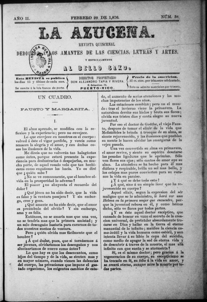 Miniatura de La Azucena: revista quincenal dedicada a los amantes de las ciencias, letras y artes, y especialmente al bello sexo de 29 de febrero de 1876, nº 38