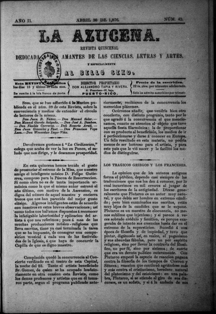 Miniatura de La Azucena: revista quincenal dedicada a los amantes de las ciencias, letras y artes, y especialmente al bello sexo de 30 de abril de 1876, nº 42