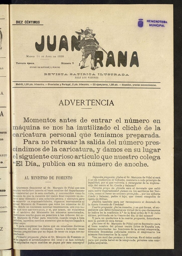 Miniatura de Juan Rana: revista de literatura y espectáculos del 14 de abril de 1899
