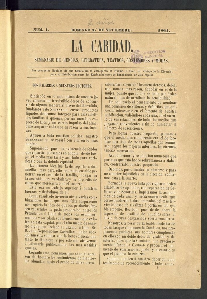 Miniatura de La Caridad: semanario de Ciencias, Literatura, Teatros, Costumbres y Modas del 1 de septiembre de 1861, nº 1