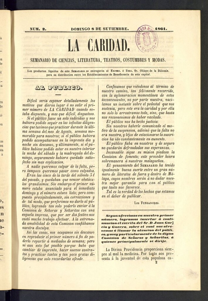 Miniatura de La Caridad: semanario de Ciencias, Literatura, Teatros, Costumbres y Modas del 8 de septiembre de 1861, nº 2