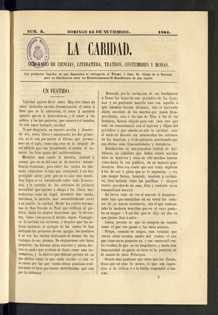 Miniatura de La Caridad: semanario de Ciencias, Literatura, Teatros, Costumbres y Modas del 15 de septiembre de 1861, nº 3