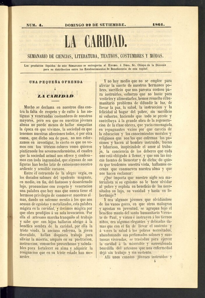 Miniatura de La Caridad: semanario de Ciencias, Literatura, Teatros, Costumbres y Modas del 22 de septiembre de 1861, nº 4