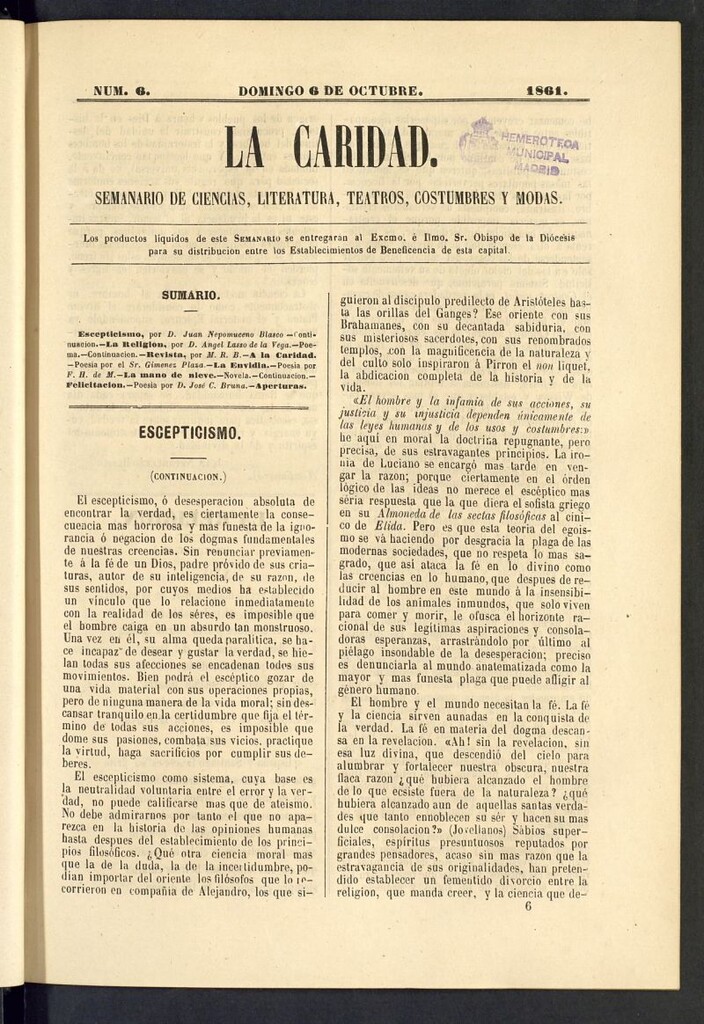 Miniatura de La Caridad: semanario de Ciencias, Literatura, Teatros, Costumbres y Modas del 6 de octubre de 1861, nº 6