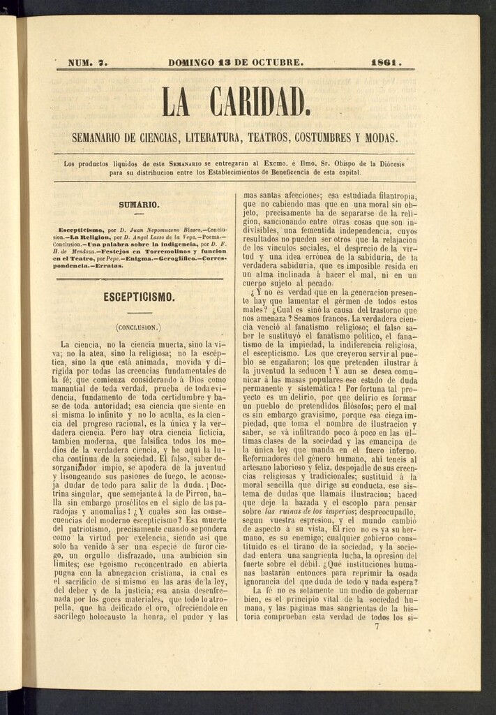 Miniatura de La Caridad: semanario de Ciencias, Literatura, Teatros, Costumbres y Modas del 13 de octubre de 1861, nº 7