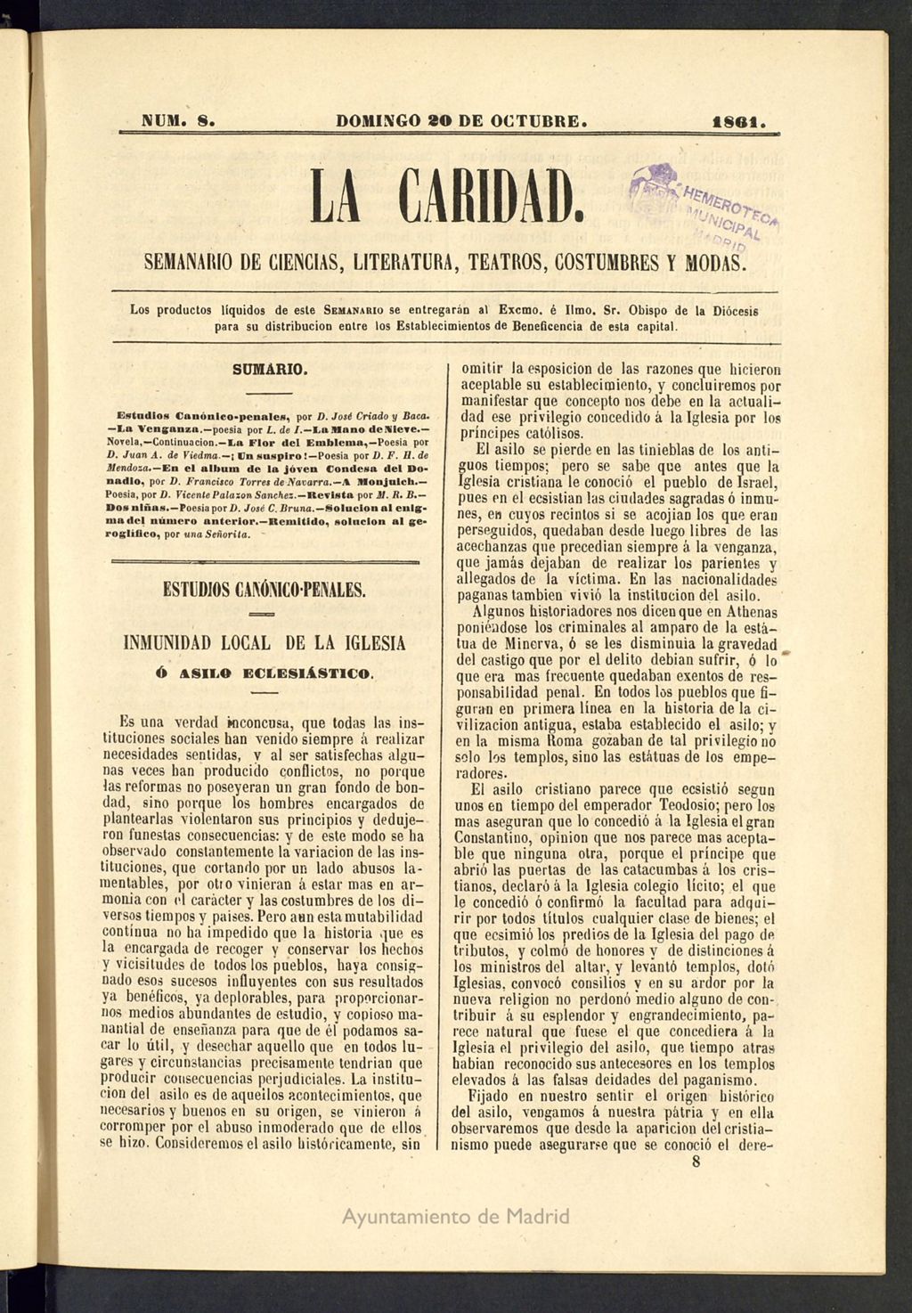 Miniatura de La Caridad: semanario de Ciencias, Literatura, Teatros, Costumbres y Modas del 20 de octubre de 1861, nº 8