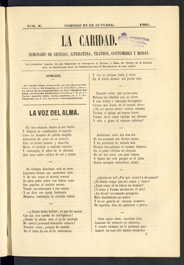 Miniatura de La Caridad: semanario de Ciencias, Literatura, Teatros, Costumbres y Modas del 27 de octubre de 1861, nº 9