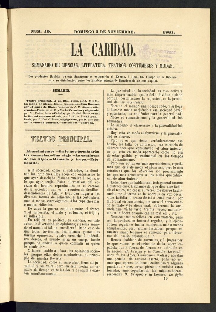 Miniatura de La Caridad: semanario de Ciencias, Literatura, Teatros, Costumbres y Modas del 3 de noviembre de 1861, nº 10