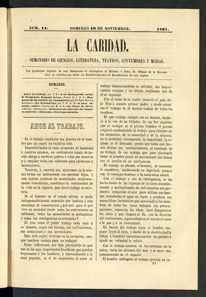 Miniatura de La Caridad: semanario de Ciencias, Literatura, Teatros, Costumbres y Modas del 10 de noviembre de 1861, nº 11