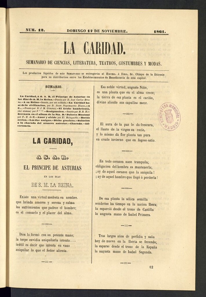 Miniatura de La Caridad: semanario de Ciencias, Literatura, Teatros, Costumbres y Modas del 17 de noviembre de 1861, nº 12