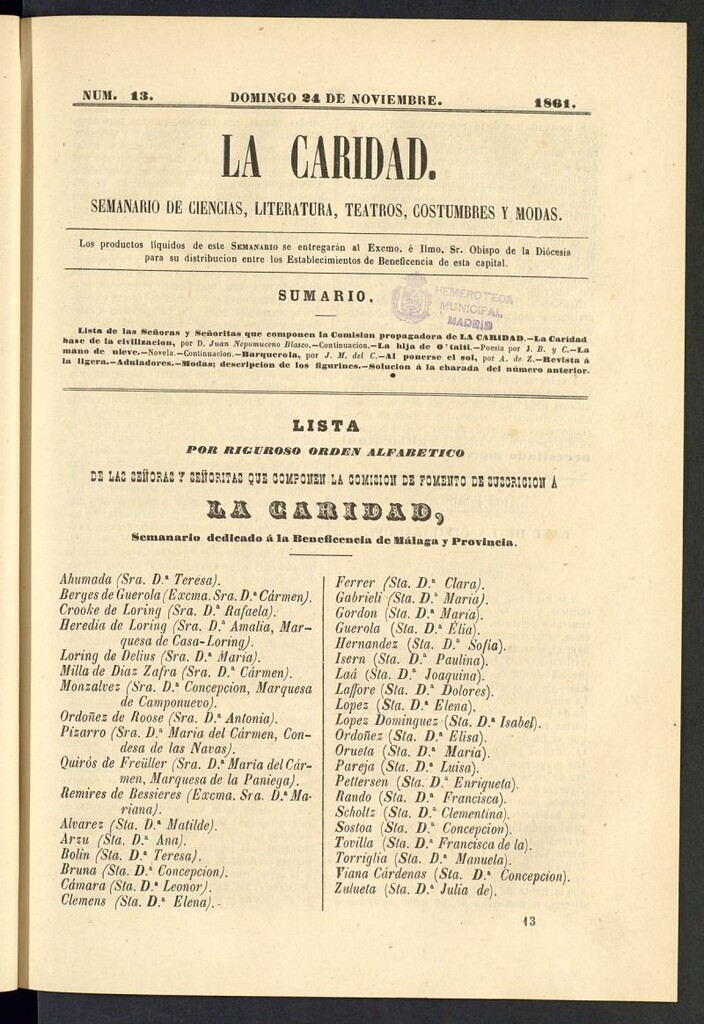 Miniatura de La Caridad: semanario de Ciencias, Literatura, Teatros, Costumbres y Modas del 24 de noviembre de 1861, nº 13