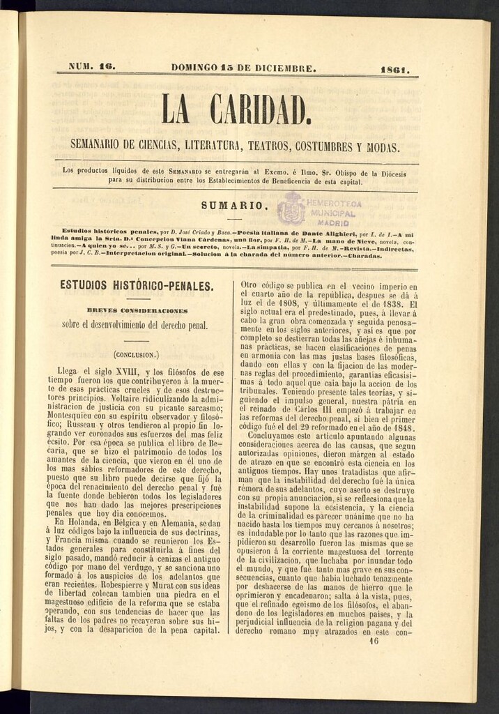 Miniatura de La Caridad: semanario de Ciencias, Literatura, Teatros, Costumbres y Modas del 15 de diciembre de 1861, nº 16