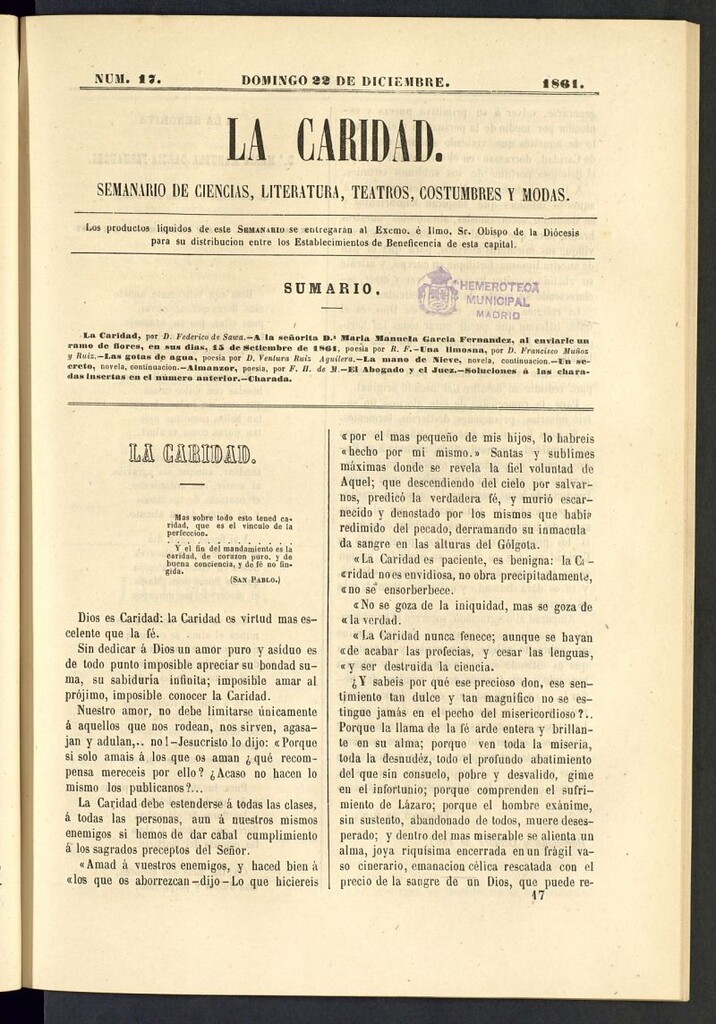 Miniatura de La Caridad: semanario de Ciencias, Literatura, Teatros, Costumbres y Modas del 22 de diciembre de 1861, nº 17