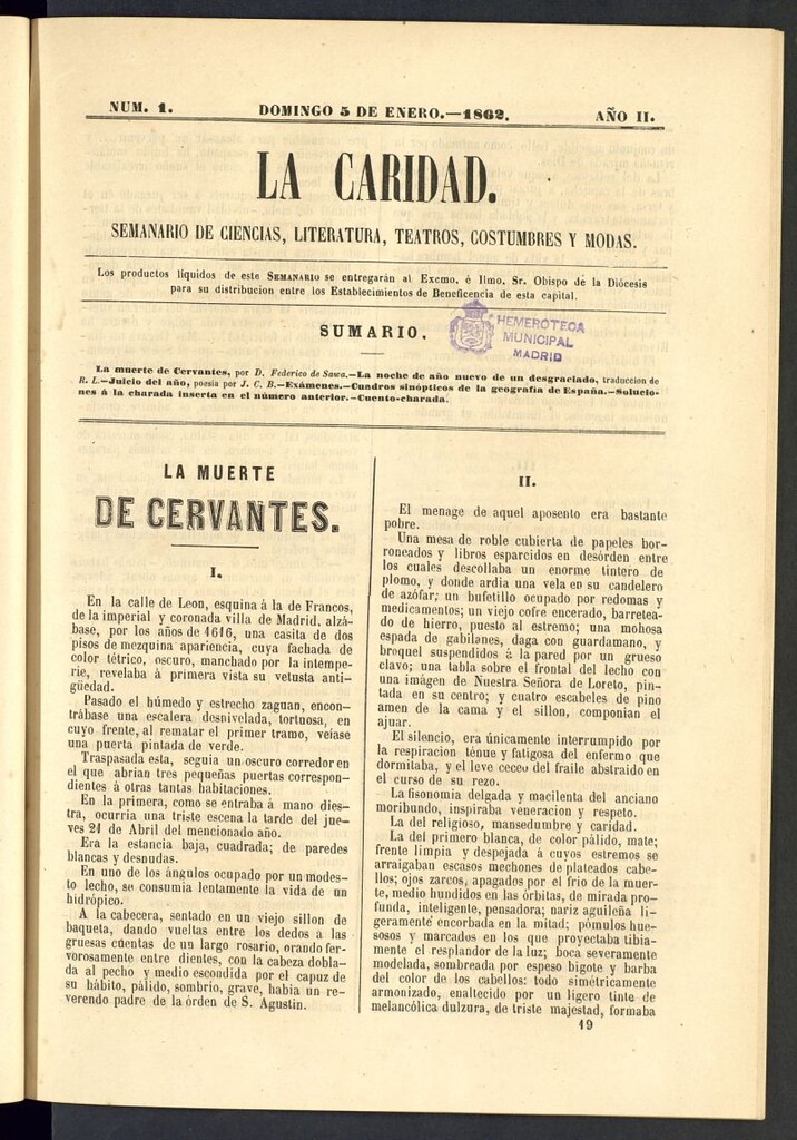 Miniatura de La Caridad: semanario de Ciencias, Literatura, Teatros, Costumbres y Modas del 5 de enero de 1862, nº 1