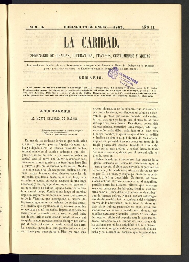 Miniatura de La Caridad: semanario de Ciencias, Literatura, Teatros, Costumbres y Modas del 19 de enero de 1862, nº 3