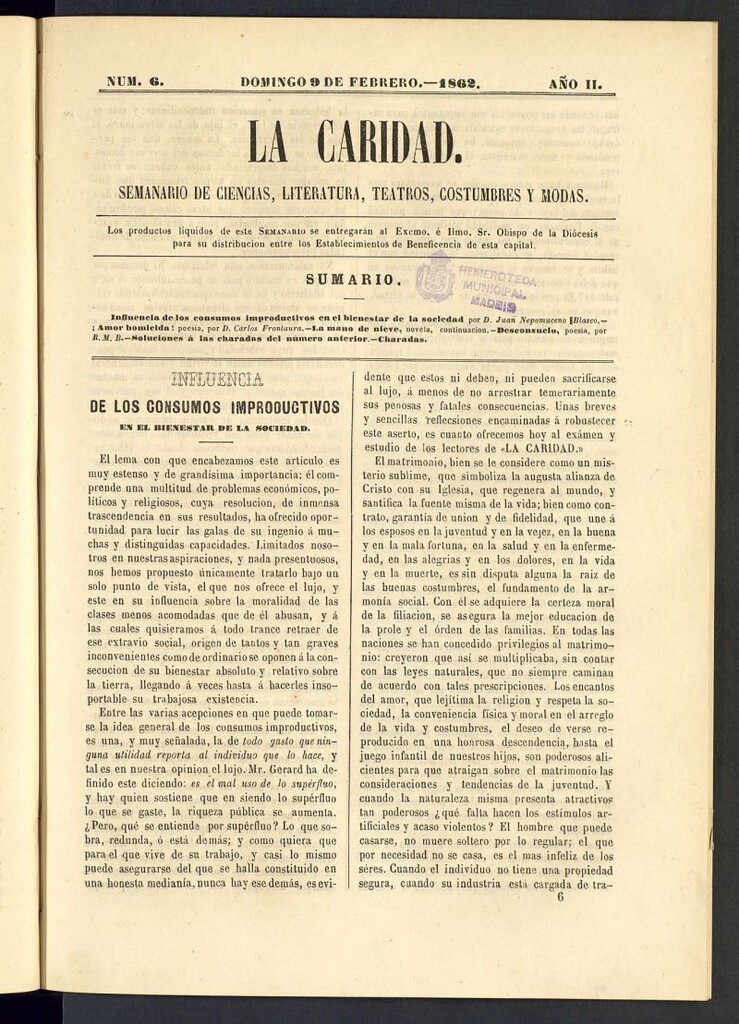 Miniatura de La Caridad: semanario de Ciencias, Literatura, Teatros, Costumbres y Modas del 9 de febrero de 1862, nº 6