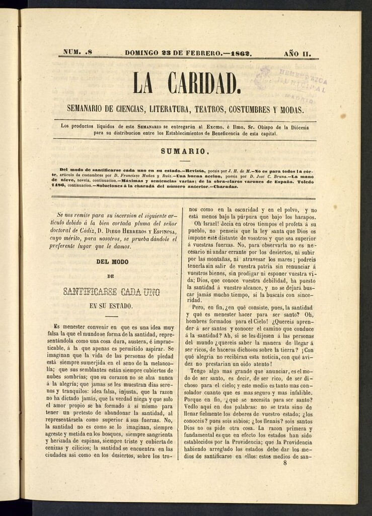 Miniatura de La Caridad: semanario de Ciencias, Literatura, Teatros, Costumbres y Modas del 23 de febrero de 1862, nº 8