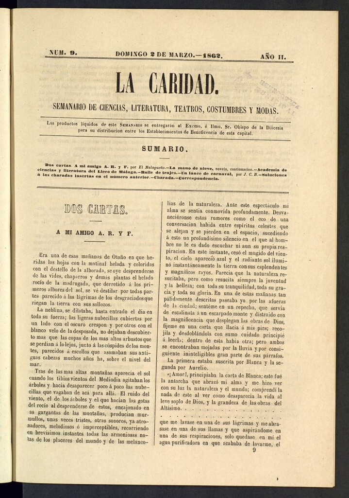 Miniatura de La Caridad: semanario de Ciencias, Literatura, Teatros, Costumbres y Modas del 2 de marzo de 1862, nº 9