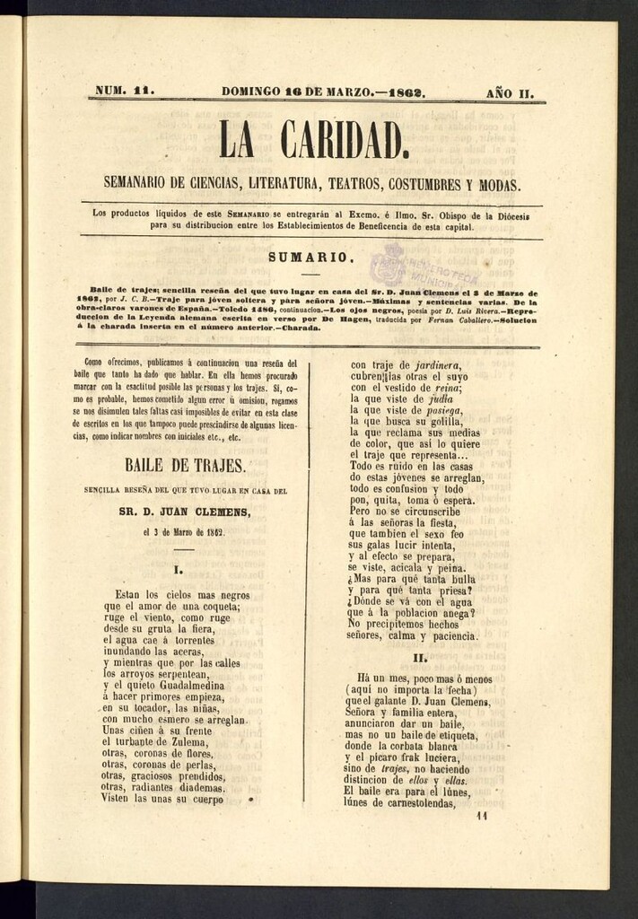 Miniatura de La Caridad: semanario de Ciencias, Literatura, Teatros, Costumbres y Modas del 16 de marzo de 1862, nº 11