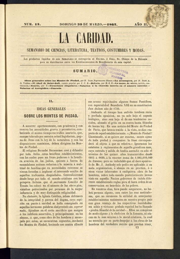 Miniatura de La Caridad: semanario de Ciencias, Literatura, Teatros, Costumbres y Modas del 30 de marzo de 1862, nº 13