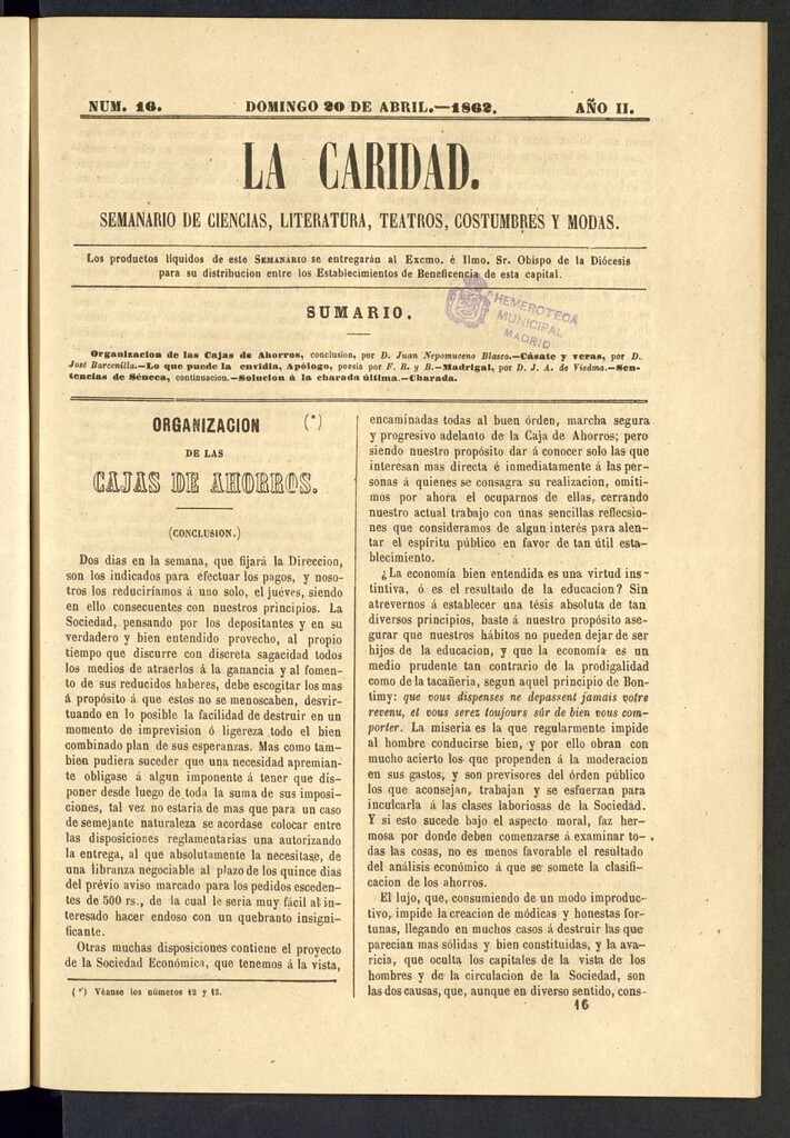 Miniatura de La Caridad: semanario de Ciencias, Literatura, Teatros, Costumbres y Modas del 20 de abril de 1862, nº 16