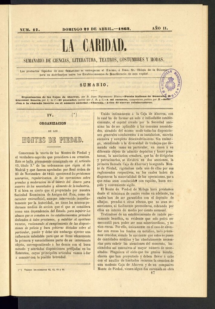 Miniatura de La Caridad: semanario de Ciencias, Literatura, Teatros, Costumbres y Modas del 27 de abril de 1862, nº 17