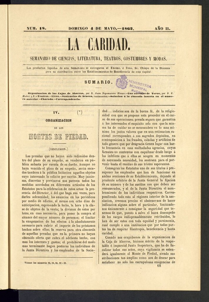 Miniatura de La Caridad: semanario de Ciencias, Literatura, Teatros, Costumbres y Modas del 4 de mayo de 1862, nº 18