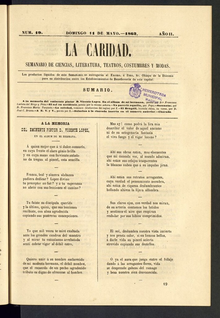 Miniatura de La Caridad: semanario de Ciencias, Literatura, Teatros, Costumbres y Modas del 11 de mayo de 1862, nº 19