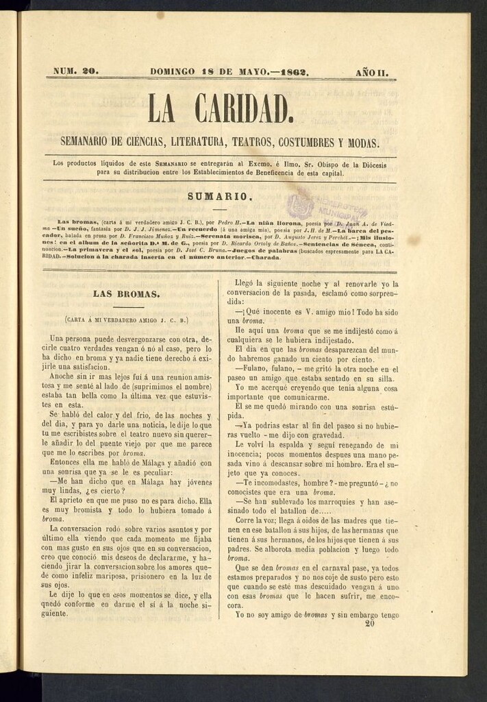 Miniatura de La Caridad: semanario de Ciencias, Literatura, Teatros, Costumbres y Modas del 18 de mayo de 1862, nº 20