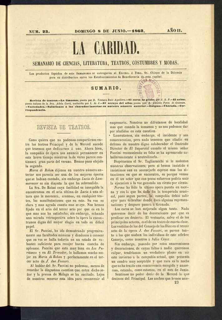 Miniatura de La Caridad: semanario de Ciencias, Literatura, Teatros, Costumbres y Modas del 8 de junio de 1862, nº 23