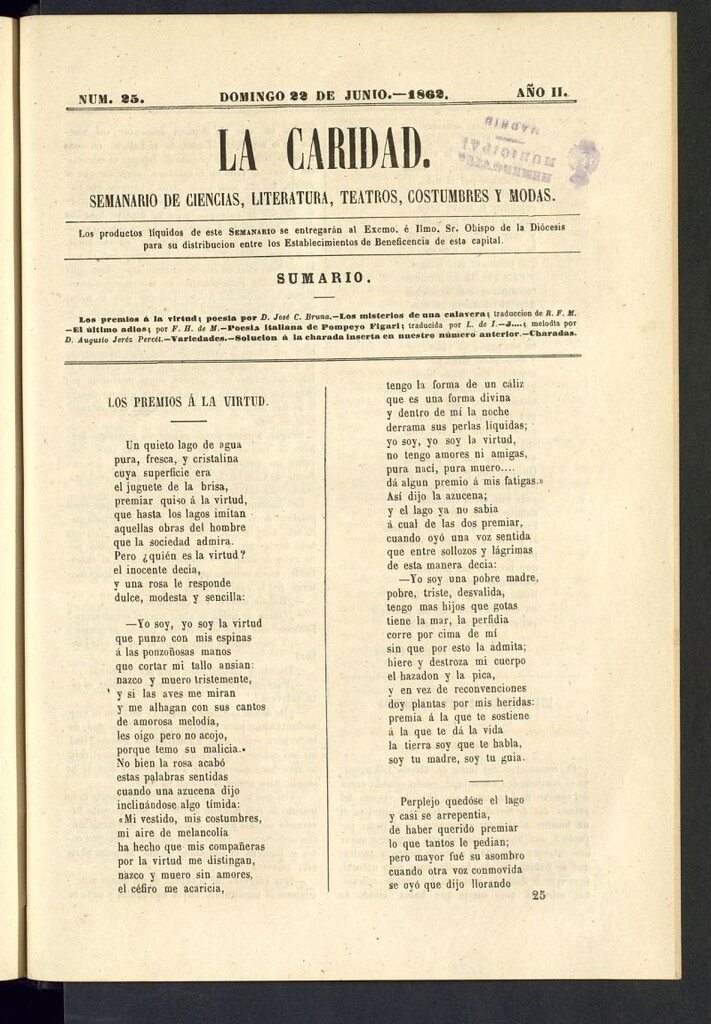 Miniatura de La Caridad: semanario de Ciencias, Literatura, Teatros, Costumbres y Modas del 22 de junio de 1862, nº 25