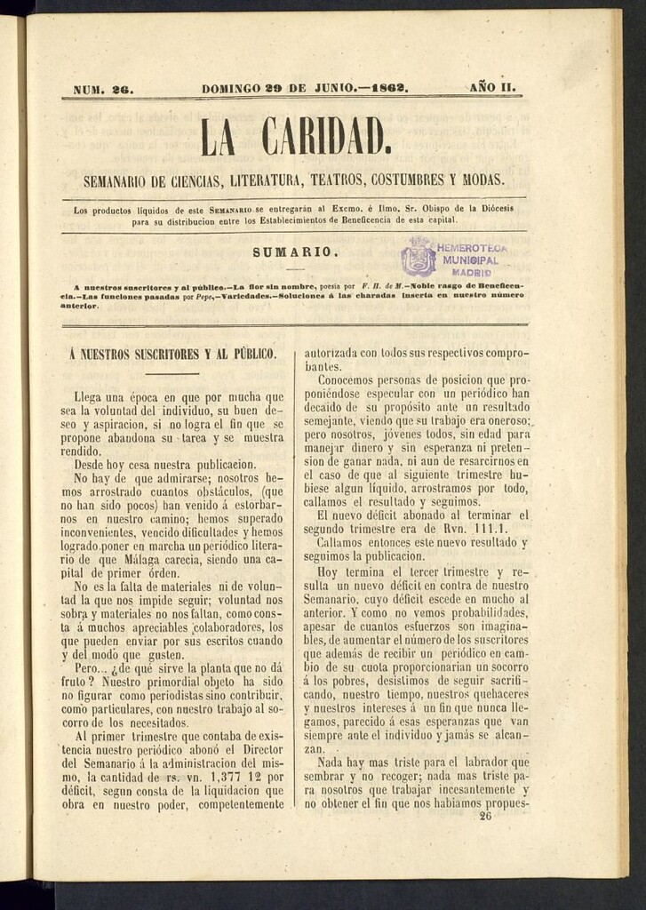 Miniatura de La Caridad : semanario de Ciencias, Literatura, Teatros, Costumbres y Modas del 29 de junio de 1862, nº 26