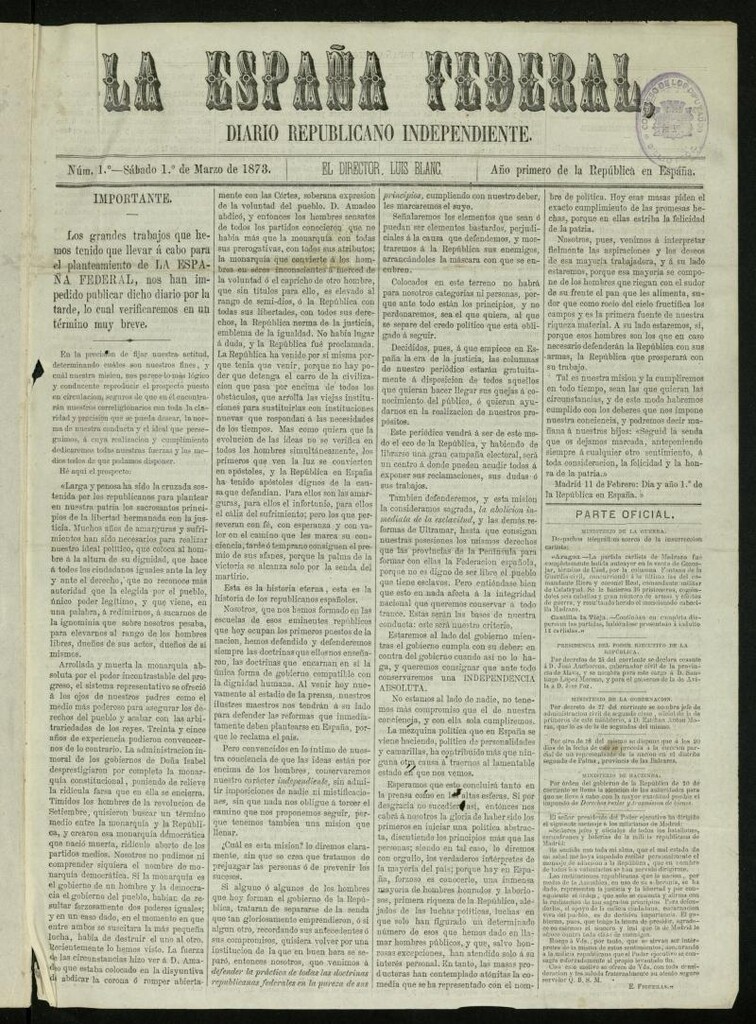 Miniatura de La España Federal : diario republicano independiente del 1 de marzo de 1873, nº 1